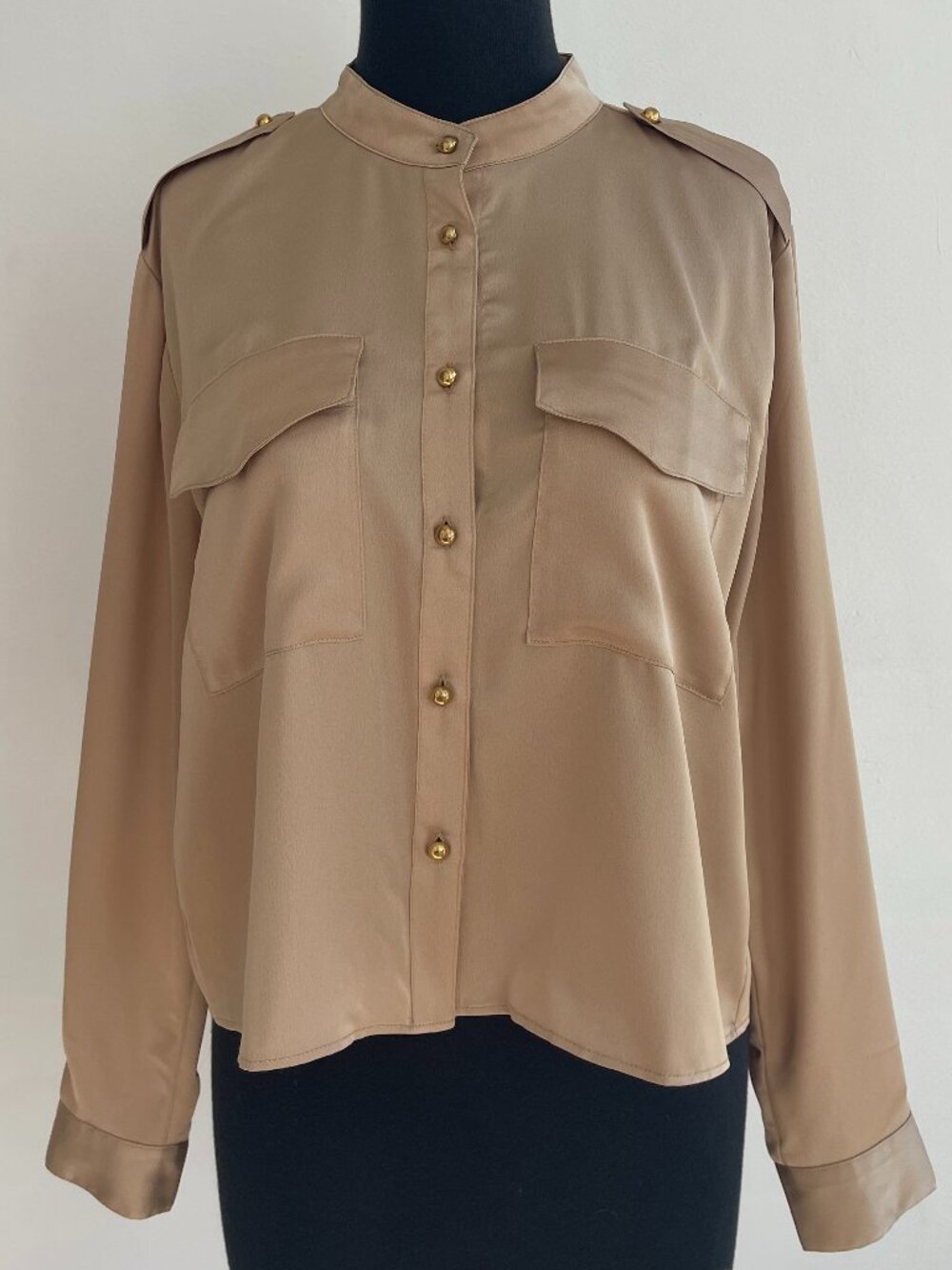 ANN TAYLOR Satin Gold Bronze Blouse with Gold Buttons